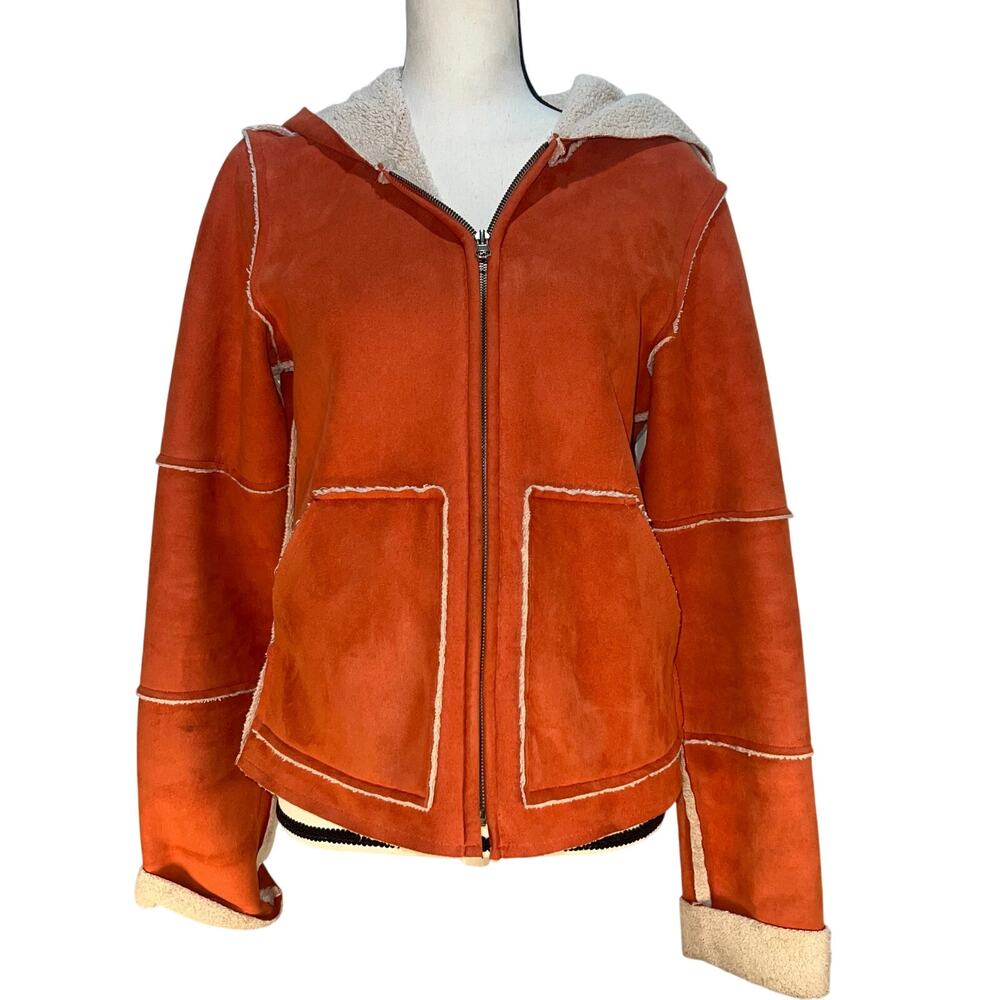 True Grit Sherpa Lined Burnt Orange Orange Faux Suede Bomber Jacket Zip Up Small